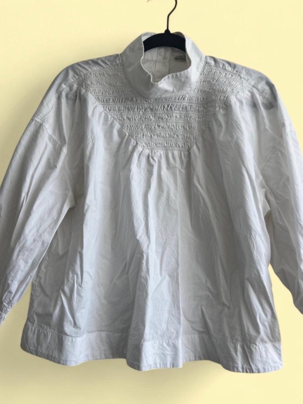 Everlane White Smocked Yoke Button-Down Blouse